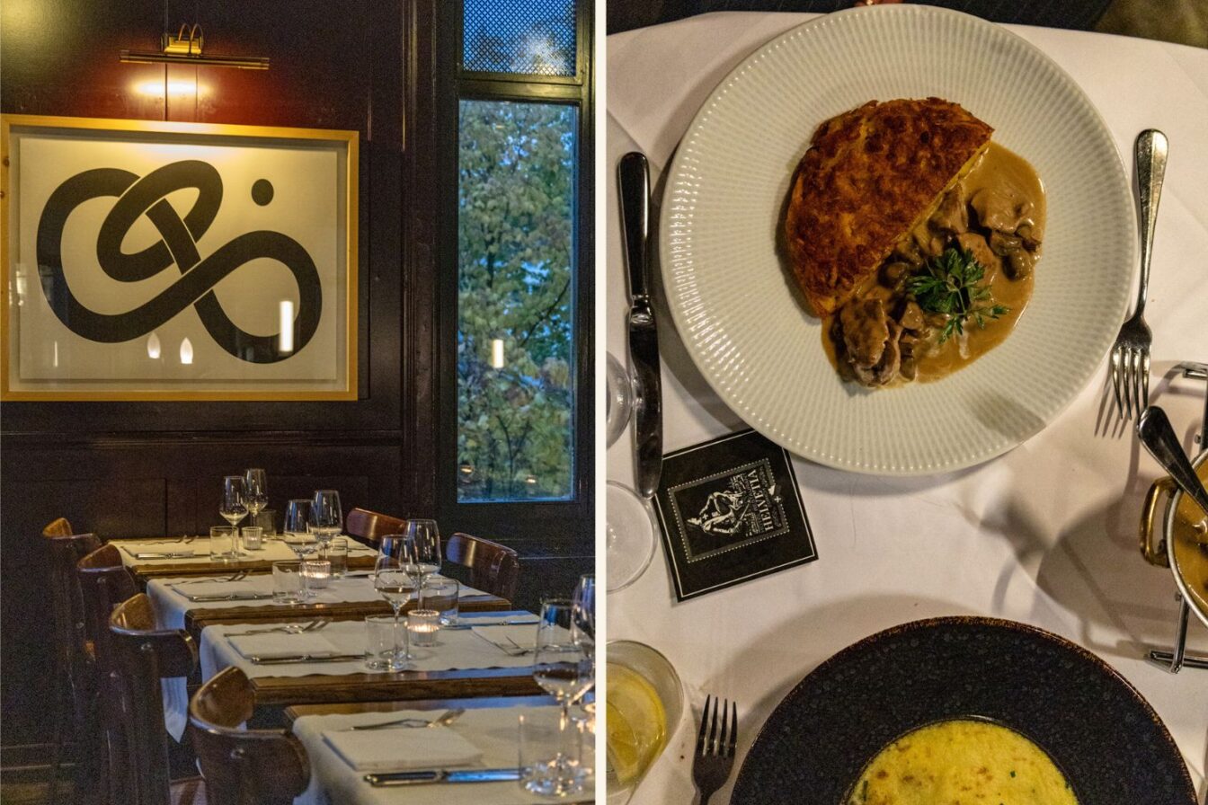 Stilvoll eingedeckter Speiseraum im Helvetia Restaurant, einem außergewöhnlichen Restaurant in Zürich, mit elegantem Wandbild und warmem Lichtambiente., rechts daneben ein Bild eines Zürcher Geschnetzeltes mit knuspriger Rösti im Helvetia Restaurant – klassisches Schweizer Gericht in einem außergewöhnlichen Restaurant in Zürich.