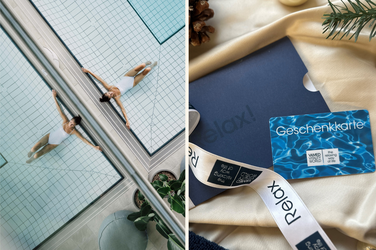 Frau in Pool beim Entspannen und Geschenkkarte zu Weihnachten (c) Skyline Medien | (c) VAMED Vitality World