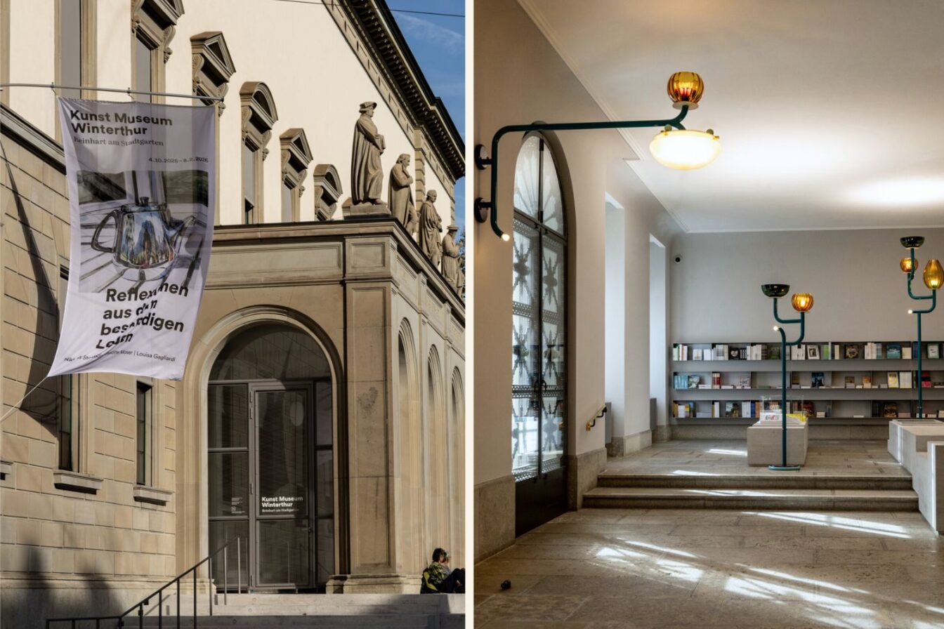 Eingang und Innenraum des Kunst Museum Winterthur mit moderner Beleuchtung und Bücherregalen – eines der kulturellen Highlights im Winterthur Guide.