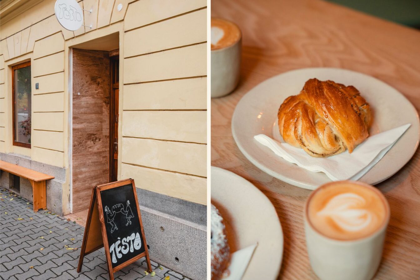 Der Eingang eines Cafés in Brno und Kaffee mit Plunder auf einem Tisch.
