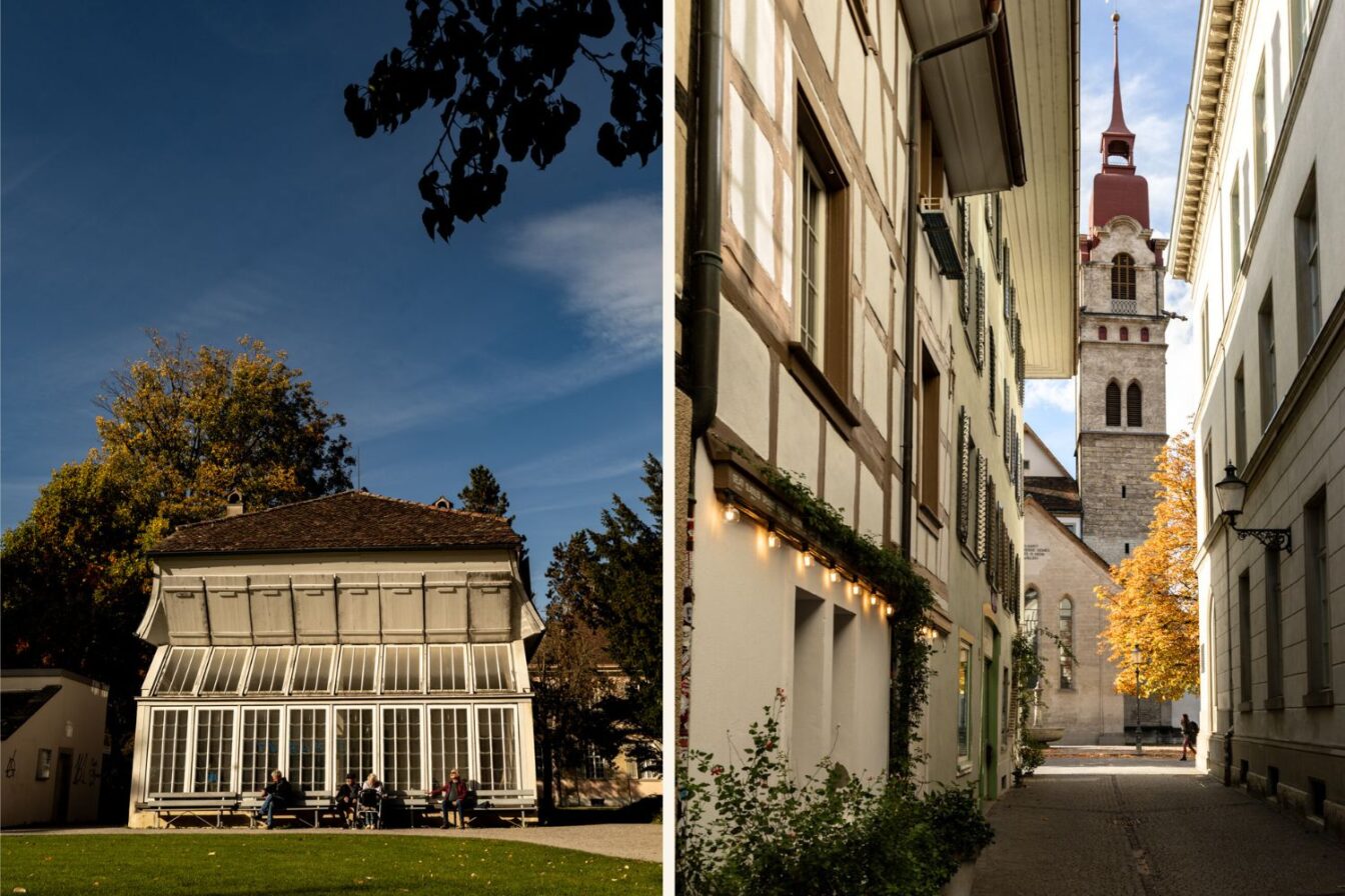 Linkes Bild:
Ein kleines, historisches Gebäude mit vielen hohen Fenstern in einem Park in Winterthur. Vor dem Haus sitzen einige Menschen auf Bänken, umgeben von herbstlichen Bäumen unter klarem blauem Himmel.

Rechtes Bild:
Eine schmale Altstadtgasse in Winterthur mit traditionellen Gebäuden und Lichterkette an einer Fassade. Im Hintergrund ragt ein Kirchturm mit rotem Spitzdach auf, daneben steht ein Baum mit goldenem Herbstlaub.