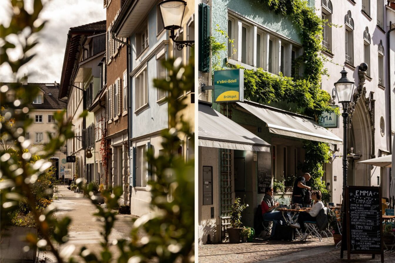 Altstadtgasse in Winterthur mit farbenfrohen Häusern und gemütlichen Cafés – eines der Highlights im Winterthur Guide.