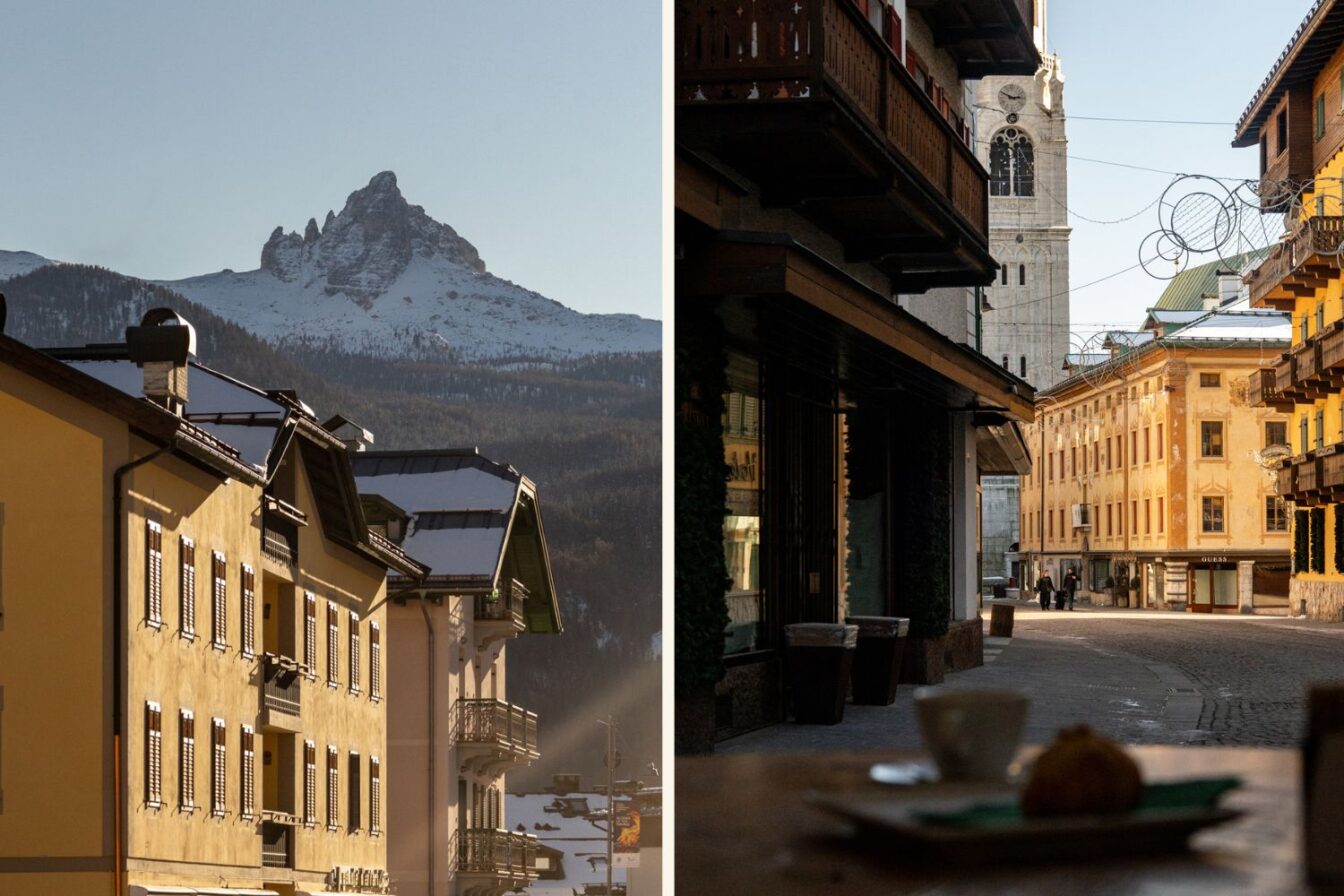 Links:
„Warme Wintersonne beleuchtet die farbigen Hausfassaden von Cortina d’Ampezzo; dahinter erhebt sich ein markanter, schneebedeckter Dolomitengipfel vor klarem Himmel.“

Rechts:
„Blick in eine ruhige Gasse von Cortina d’Ampezzo mit traditionellen Holzbalkonen und dem Campanile im Hintergrund; im Vordergrund unscharf ein Frühstückstisch mit Tasse und Gebäck.“