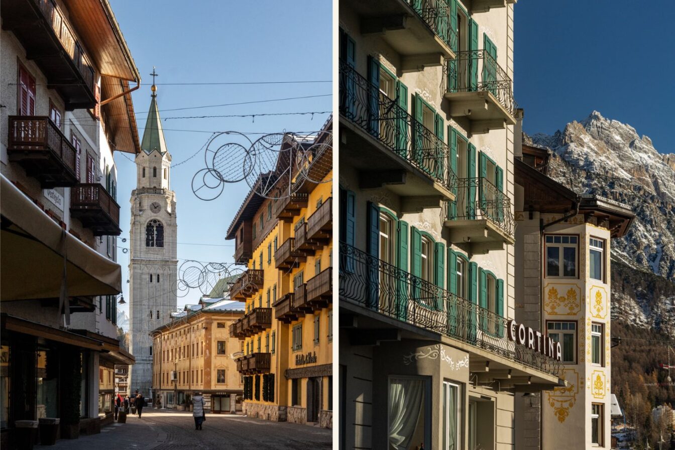 Links: „Blick durch die Altstadt von Cortina d’Ampezzo auf den markanten Campanile; flankiert von traditionellen Häuserfassaden mit Holzbalkonen und weihnachtlicher Straßenbeleuchtung unter klarem Himmel.“ Rechts: „Historische Gebäude mit grünen Fensterläden und filigranen Balkonen in Cortina d’Ampezzo; im Hintergrund erheben sich sonnenbeschienene Dolomitengipfel."