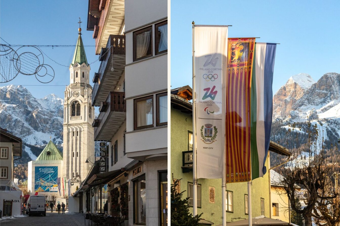 Links: „Der Campanile von Cortina d’Ampezzo vor schneebedeckten Dolomiten; flankiert von Geschäften und Wohnhäusern in der Fußgängerzone.“ Rechts: „Fahnen mit dem Logo der Olympischen Winterspiele Milano Cortina 2026 vor pastellfarbenen Häusern; dahinter schroffen Berggipfeln in der Abendsonne.“