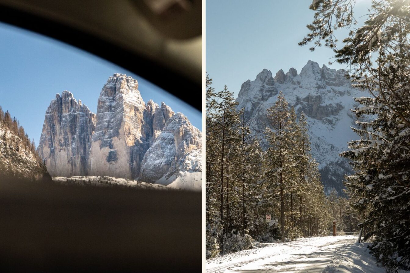 Links:
„Schneebedeckte, steil aufragende Dolomitengipfel, durch den Rahmen eines Autofensters fotografiert; warmes Morgenlicht hebt die Felsstrukturen hervor.“

Rechts:
„Verschneiter Waldweg in den Dolomiten unter klarem Winterhimmel; zwischen den Tannen erscheint ein markanter Bergmassiv im Hintergrund.“