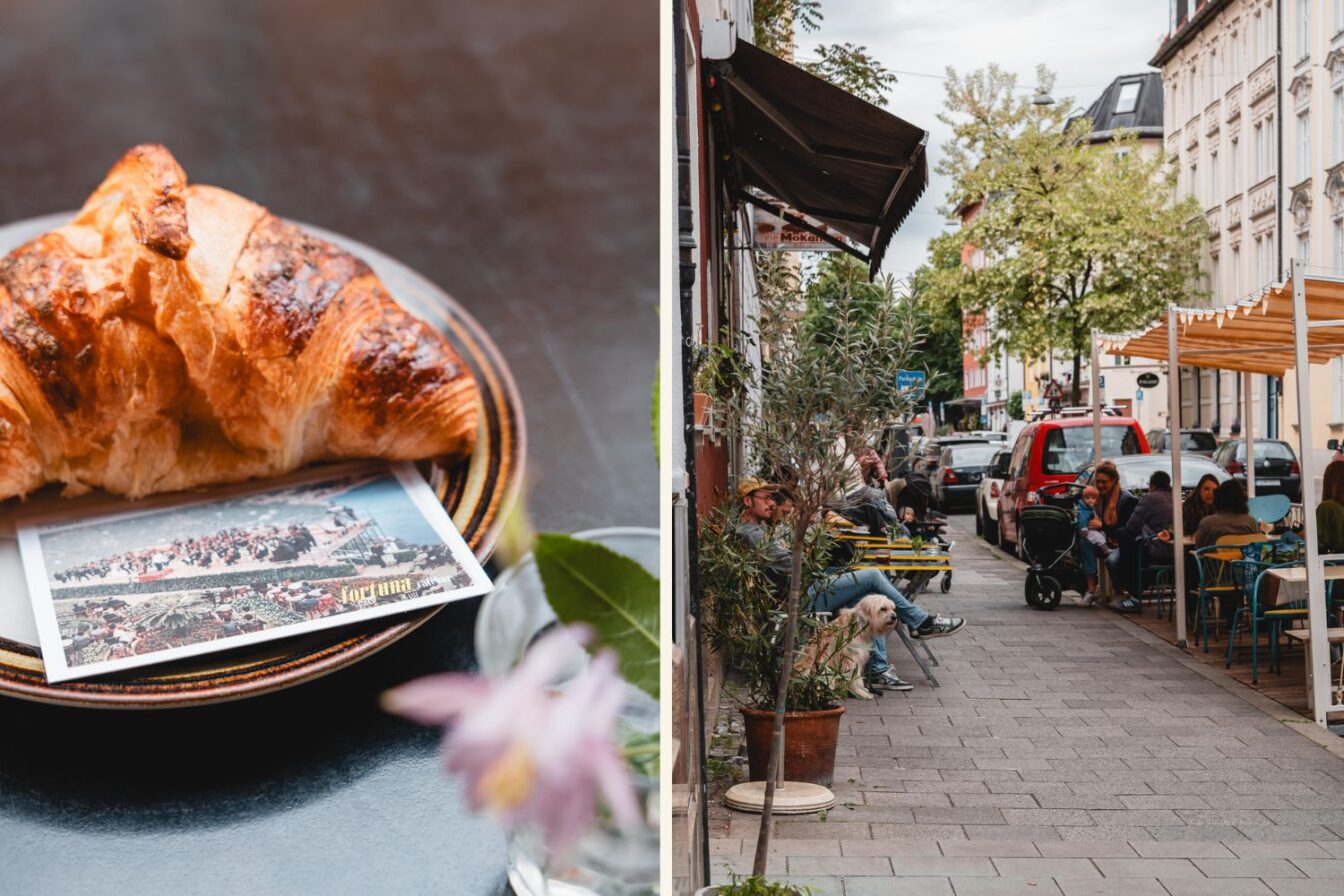 Croissant und Schanigarten eines Cafés in München