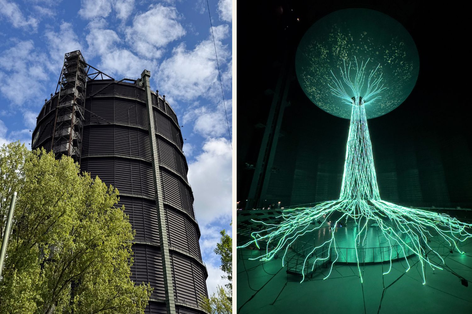 Collage vom Gasometer Oberhausen von außen und der Kunstinstallation in der Ausstellung Mythos Wald 2026
