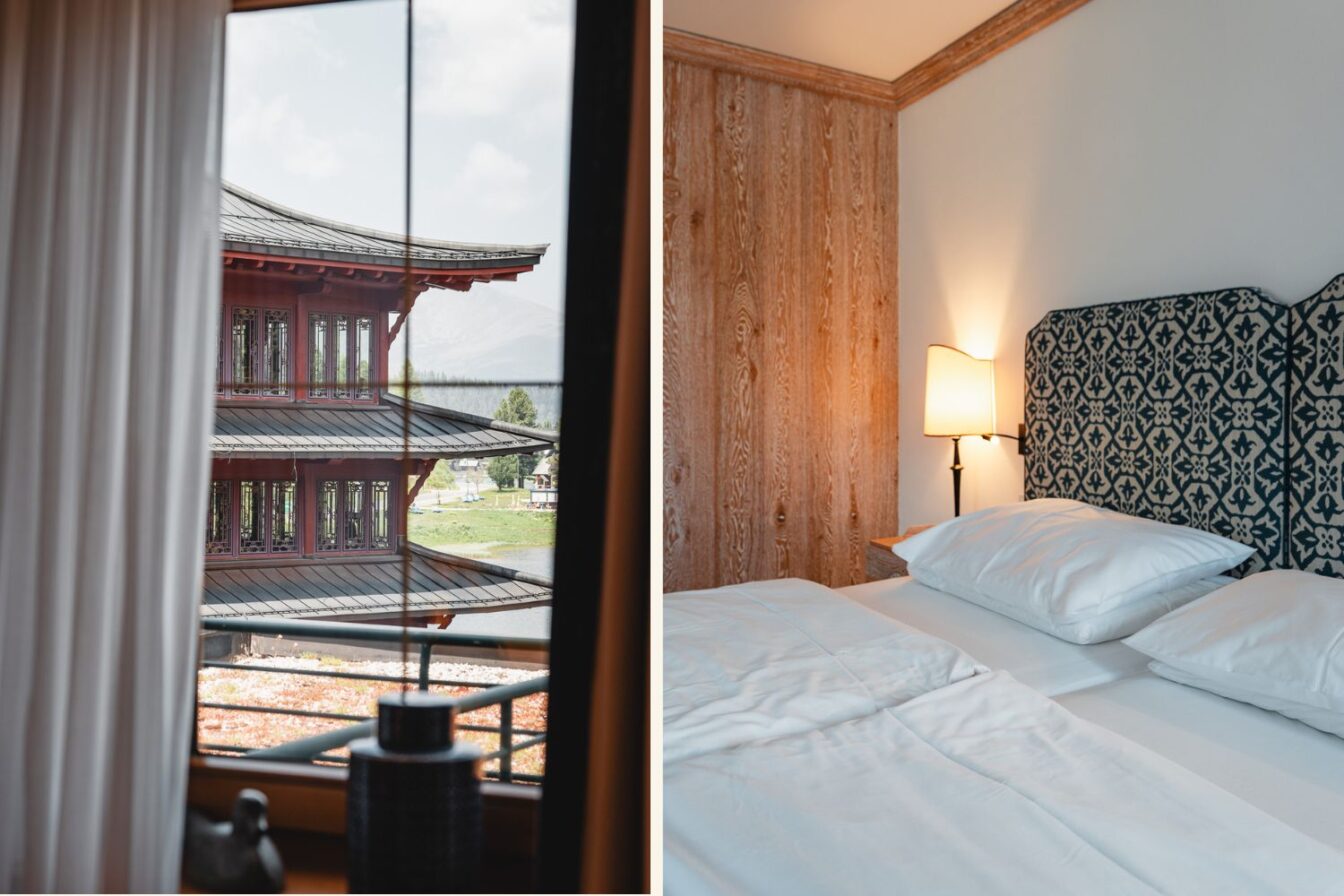 Blick auf den Chinaturm und Details des Betts im Hotel Hochschober