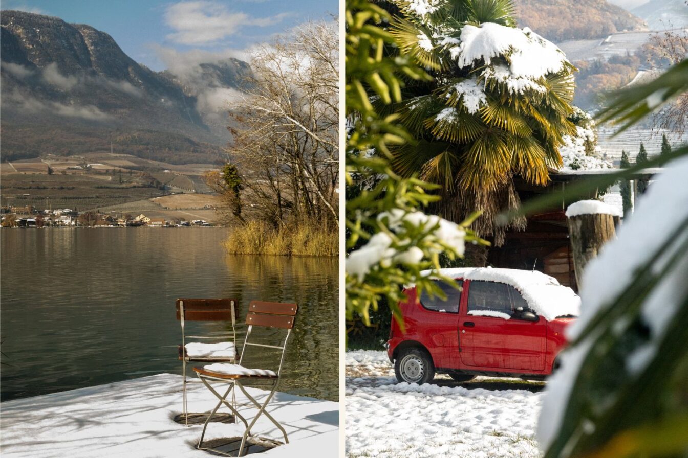 Bild 3 (links) Zwei verschneite Holzstühle auf einem Steg am ruhigen Seeufer; dahinter Weinberge und bewaldete Hänge sowie teils wolkenverhangene Berge. Bild 3 (rechts) Kleines rotes Auto, bedeckt mit Schnee, zwischen Palmen und winterlicher Vegetation; dahinter Hänge mit Weinbergen und Wald.
