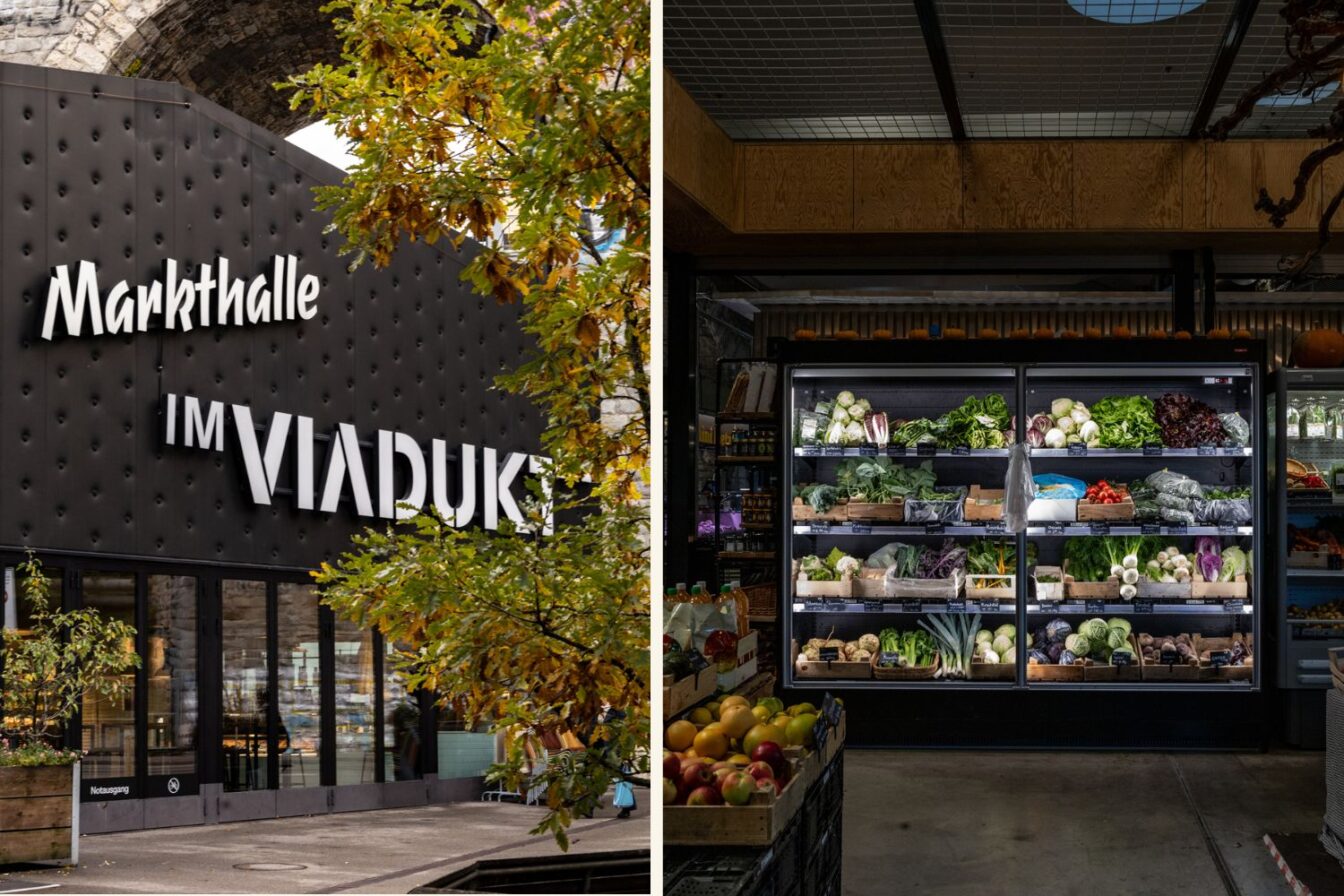 Zweiteilige Aufnahme der Markthalle im Viadukt in Zürich: Links der Außenbereich mit dem dunklen Gebäude und dem Schriftzug „Markthalle im Viadukt“ unter herbstlichen Bäumen; rechts ein Innenraum mit einer beleuchteten Gemüseauslage voller frischer Produkte wie Salat, Kohl, Radieschen und Kräuter.