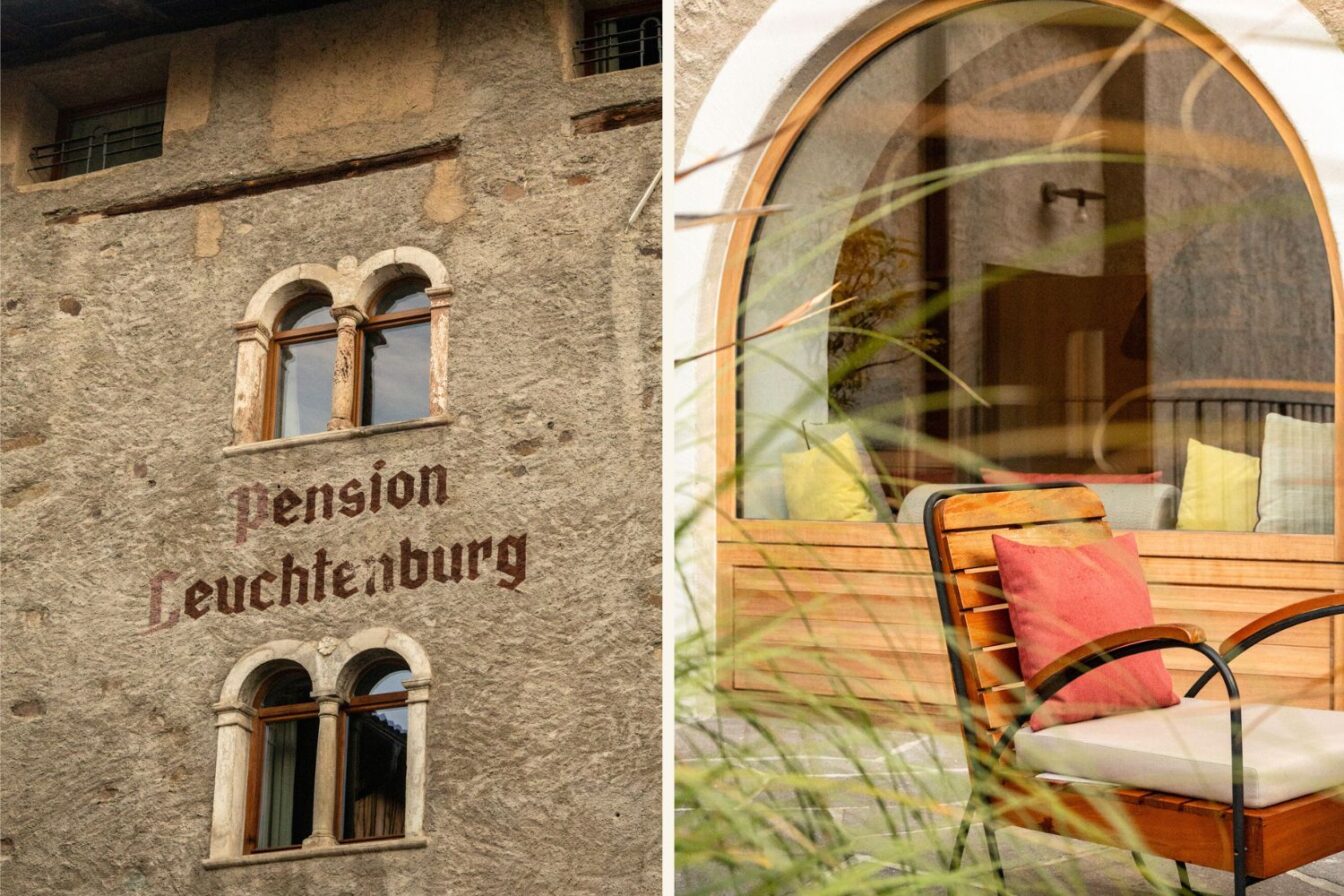 Bild 2 (links) Fassade eines alten, grob verputzten Gebäudes mit rundbogigen Fenstern und der aufgemalten Schrift „Pension Leuchtenburg“. Bild 2 (rechts) Holzstuhl mit Sitzkissen vor einem großen, rundbogigen Fenster; dahinter Innenbereich mit weiteren Kissen, teilweise durch Pflanzen im Vordergrund verdeckt.
