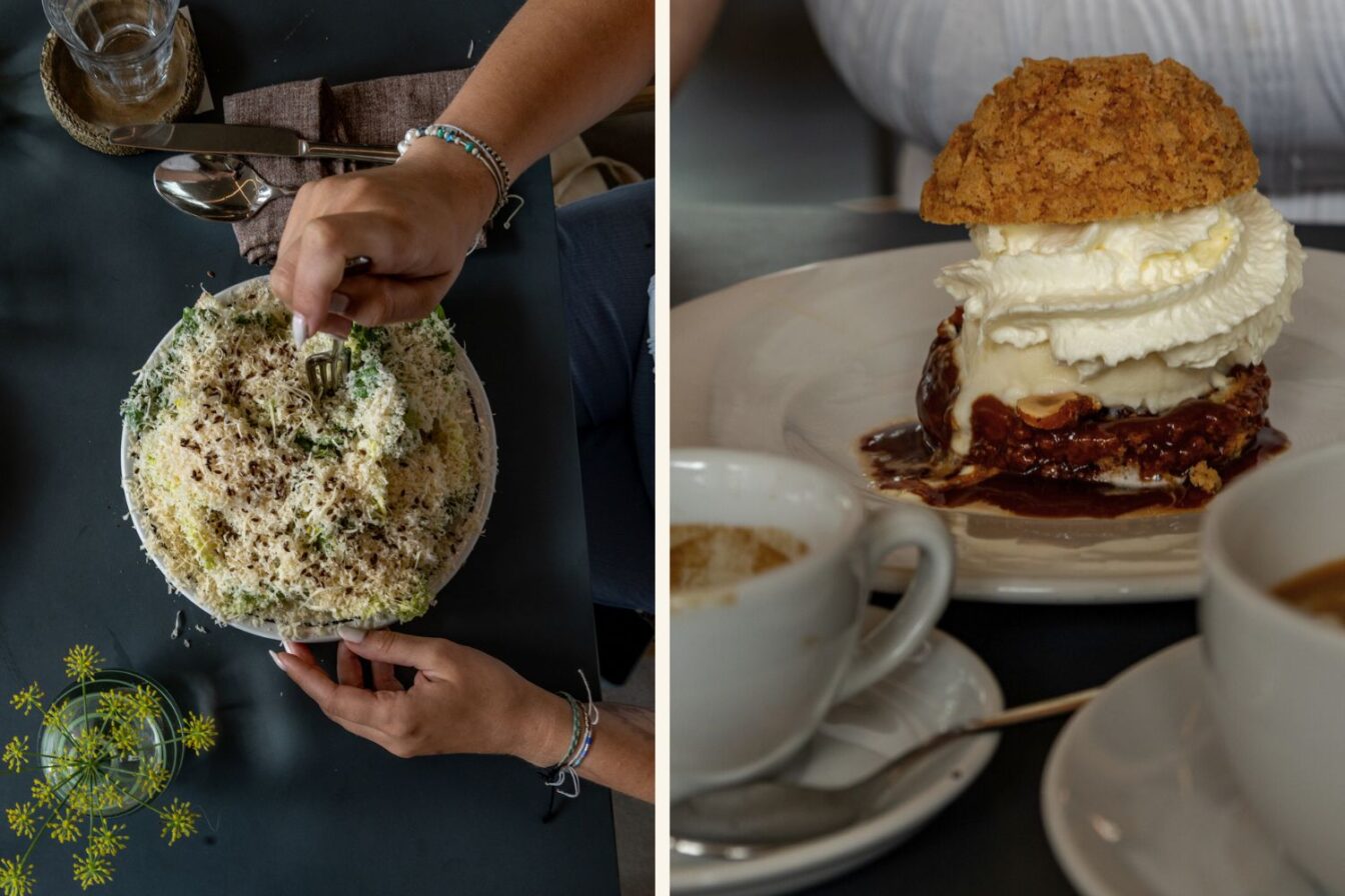 Collage aus zwei Fotos: Links eine Person, die an einem dunklen Tisch eine große Schüssel Salat mit reichlich geriebenem Käse und Kräutern isst; rechts ein Dessert aus Eis, Sahne und einem knusprigen Choux-Teigdeckel auf einem Teller, daneben Kaffeetassen.