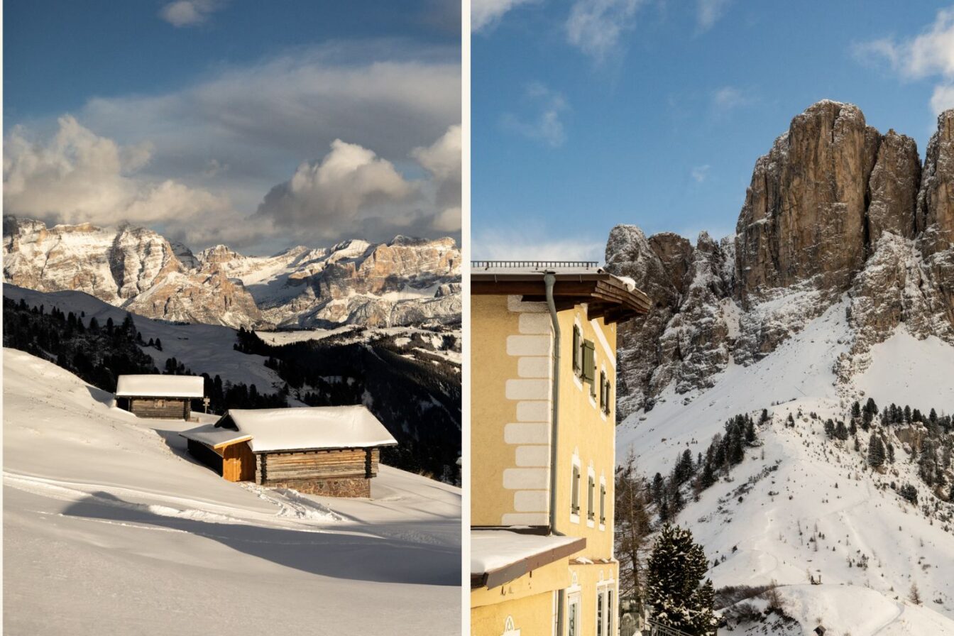 Winter im Grödnertal: Verschneite Almhütten und Berglandschaften der Dolomiten, ergänzt durch ein traditionelles Südtiroler Haus vor steilen Felswänden.