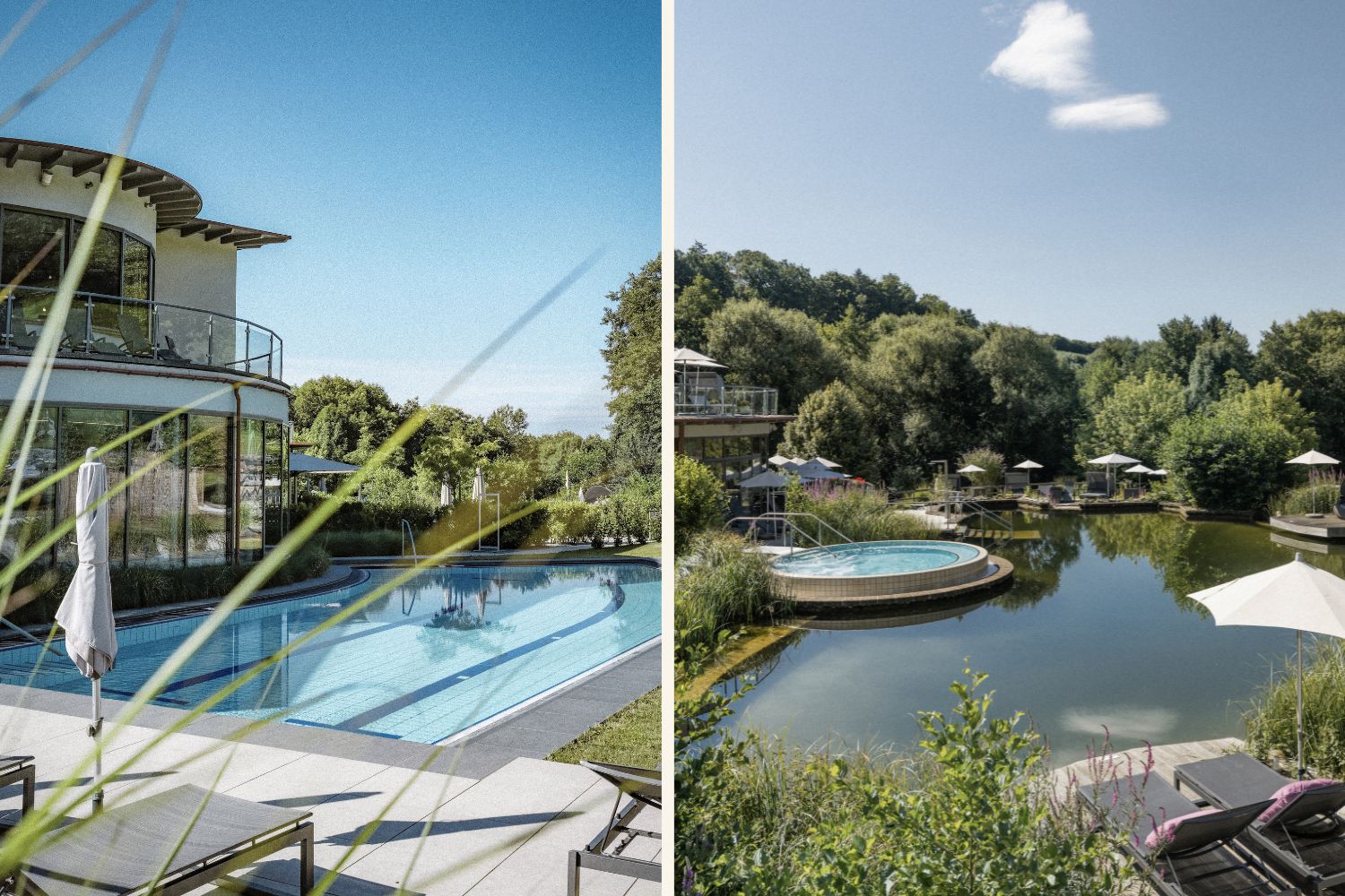 Collage mit FKK Schwimmbecken und Naturbadeteich im Heilthermen Resort Bad Waltersdorf