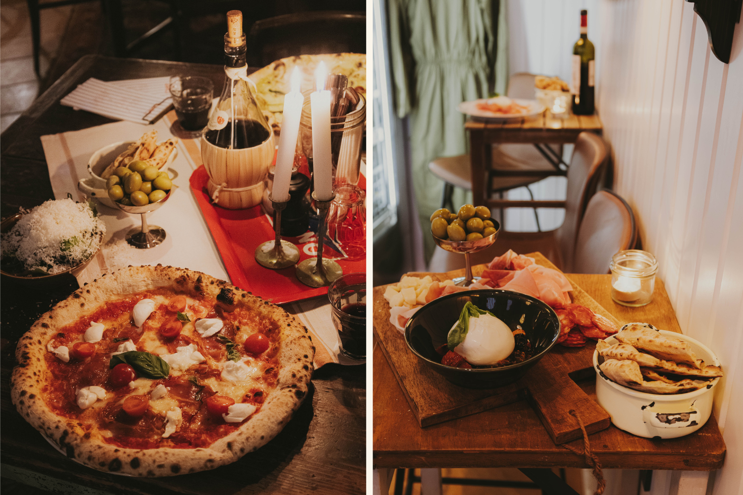 Pizzeria Amici Restaurant mit Pizzen und Antipasti bei Kerzenschein