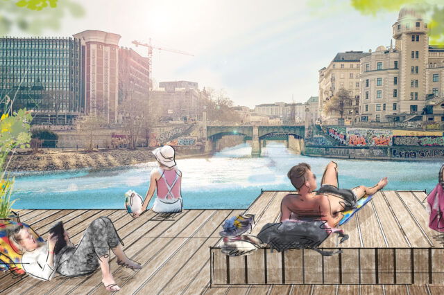 eine Visualisierung der neuen Sonnenterrasse am Donaukanal in Wien