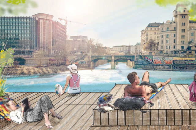 eine Visualisierung der neuen Sonnenterrasse am Donaukanal in Wien