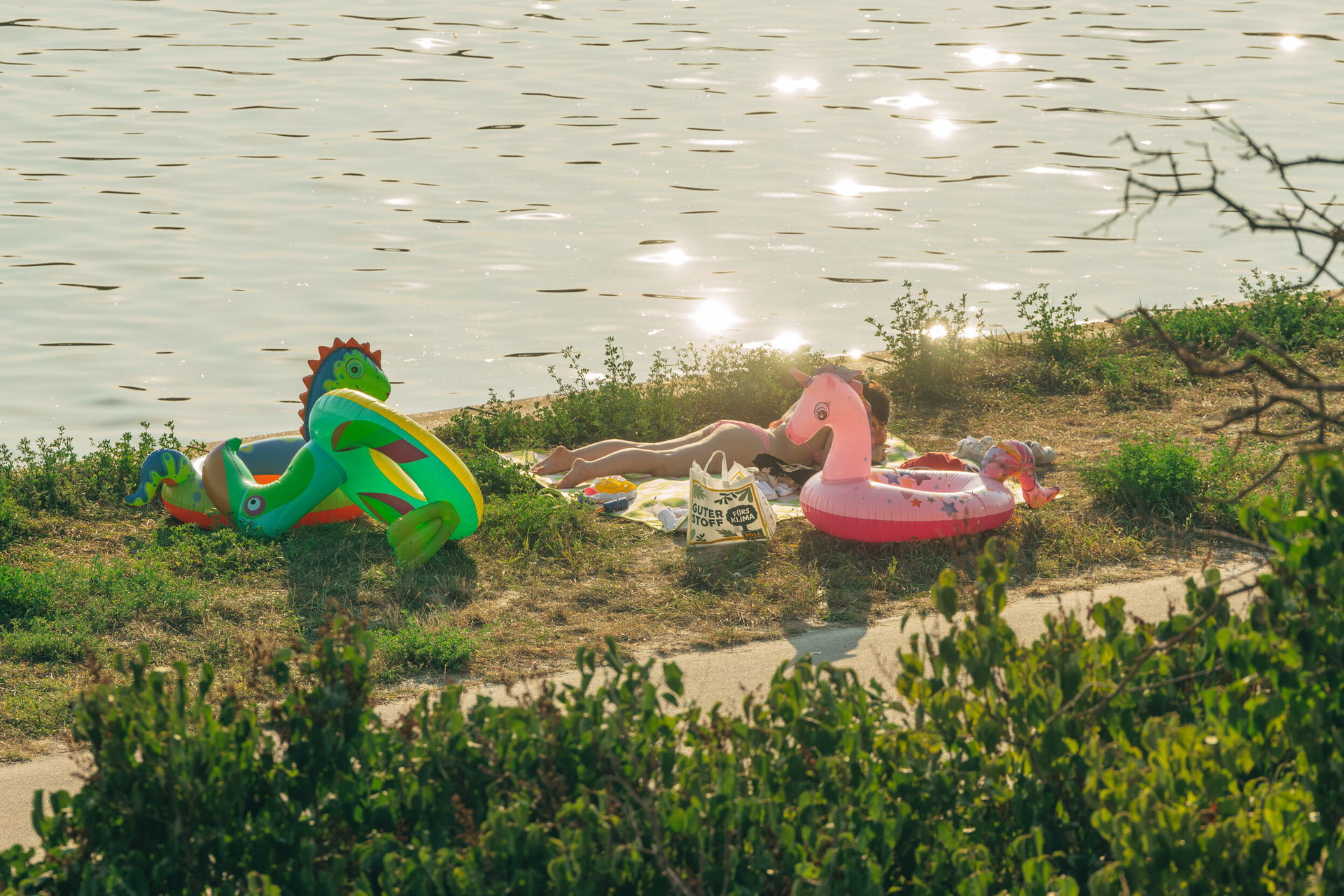 eine Person liegt mit aufblasbaren Schwimmfiguren nahe dem Wasser auf der Donauinsel in Wien