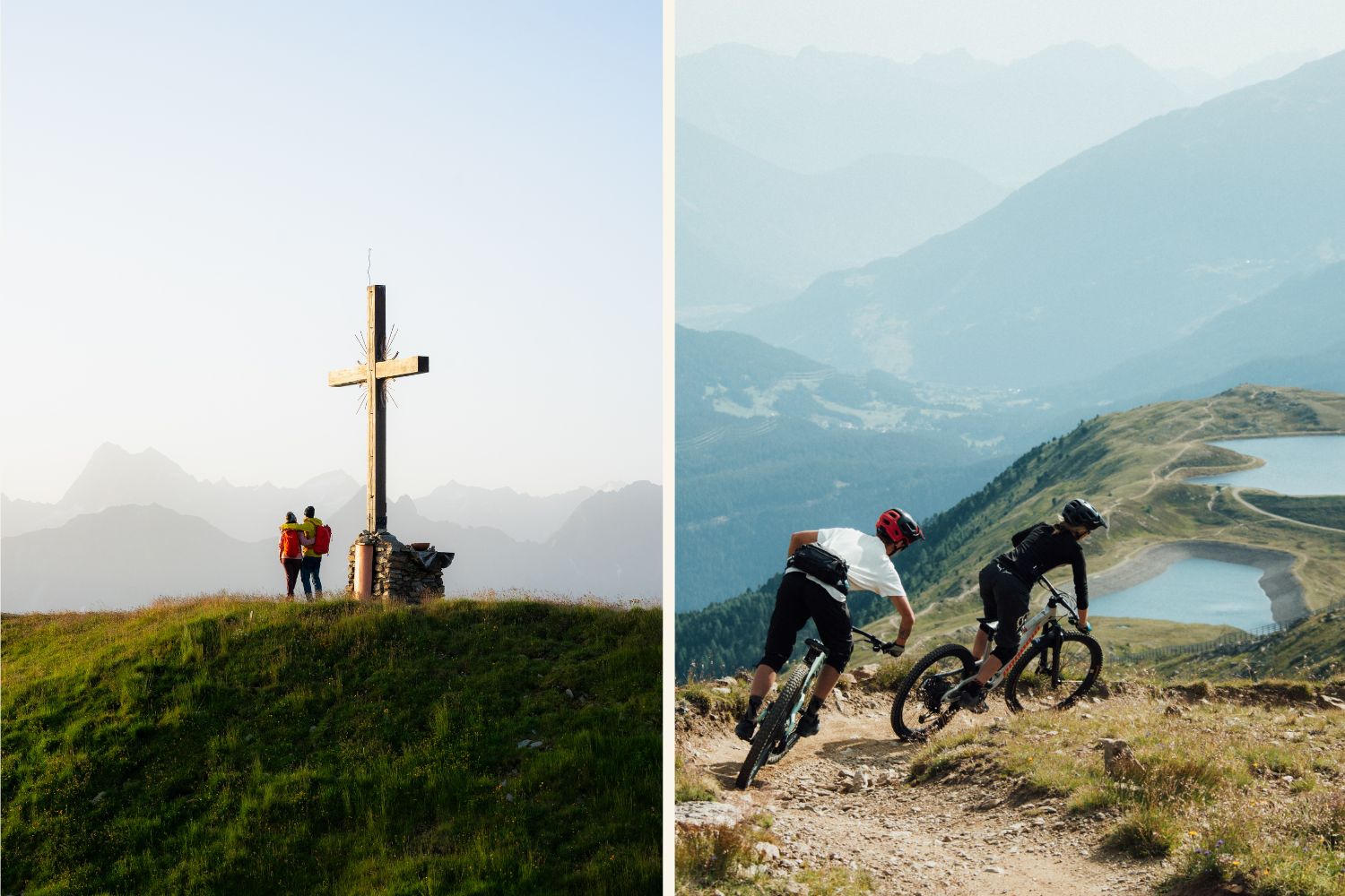 Collage mit zwei Wanderern und Radfahreren auf einem Berg im sommerlichen  Serfaus-Fiss-Ladis 