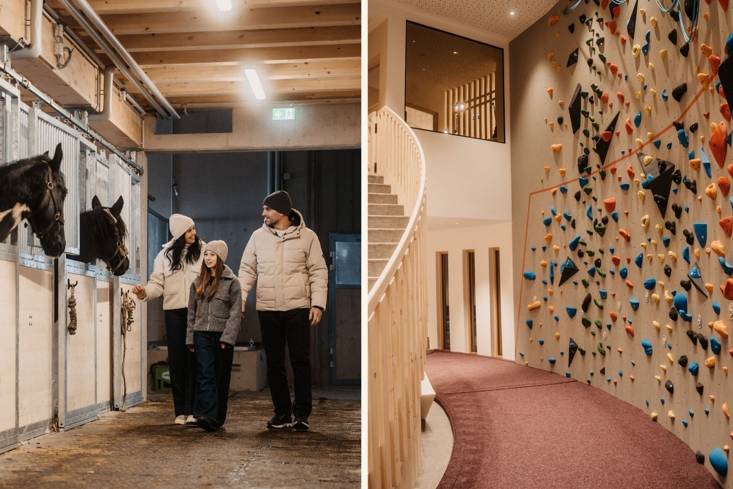 Eine Collage mit zwei Bildern, links sieht man Eltern mit ihrem Kind einen Pferdestall betreten, rechts die Kletterwand im Hotel Neubergerhof.