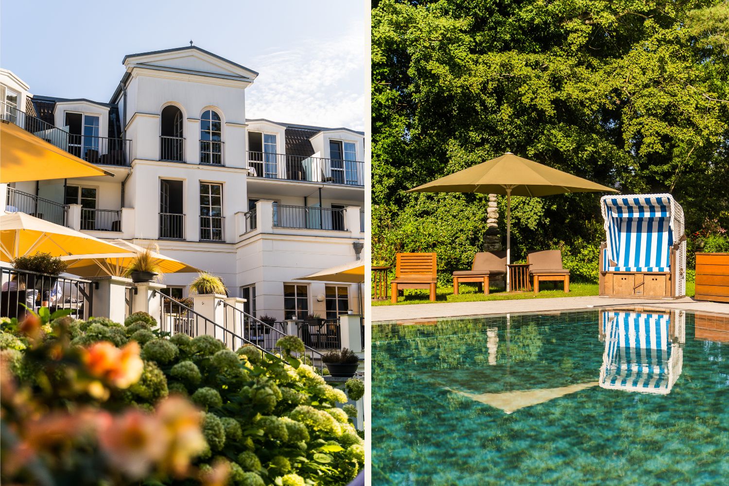 Das Strandhotel Zingst ist von außen zu sehen, es ist ein zweigeteiltes Bild. Auf dem zweiten Bild sieht man den Pool mit einem Strandkorb. 