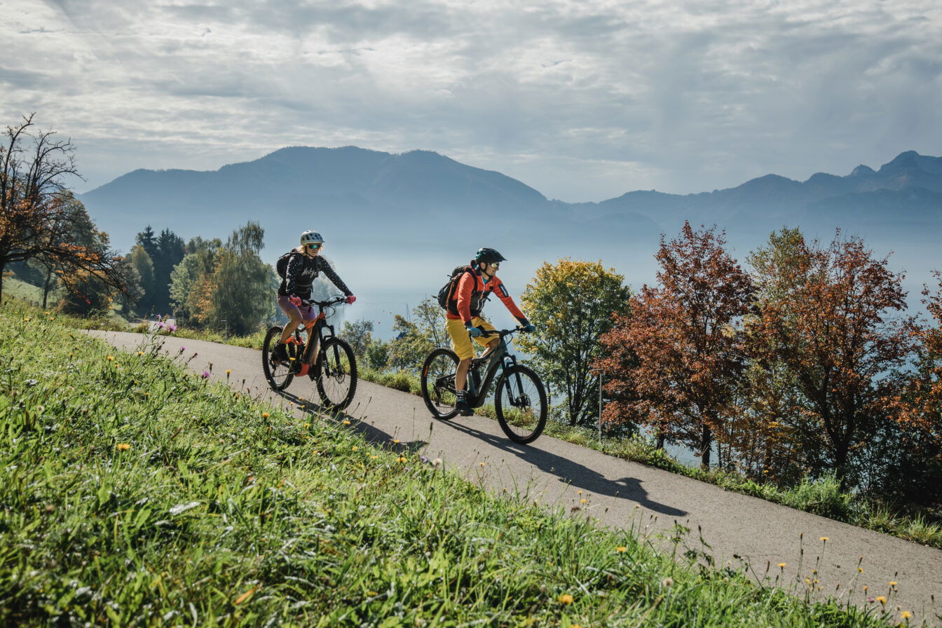 Radfahren am Attersee in der Nähe des Sees.