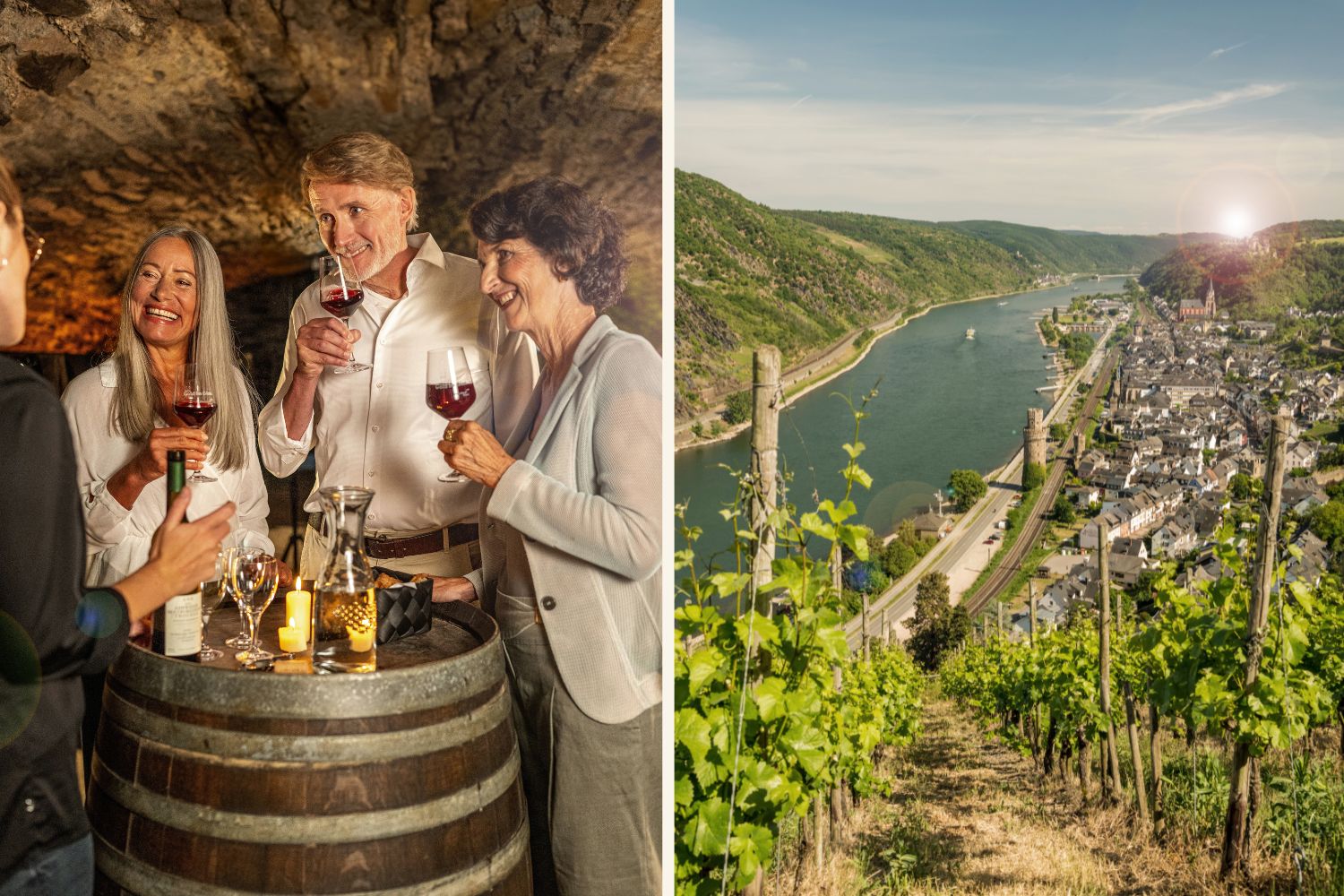 Collage mit zwei Bildern, links sind drei Personen bei einer Weinverkostung im Gewölbekeller zu sehen, rechts blickt man durch Weinreben auf den Rhein und Oberwesel in Rheinland Pfalz