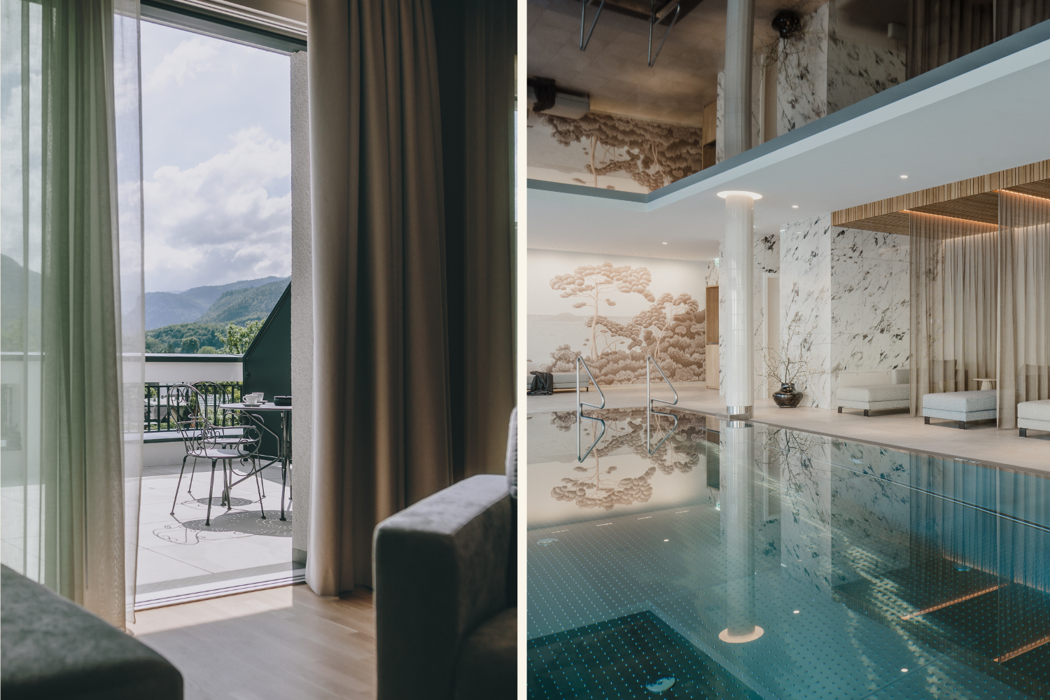 Collage vom Grand Elisabeth Hotel mit Aussicht aus Zimmer und Innenpool
