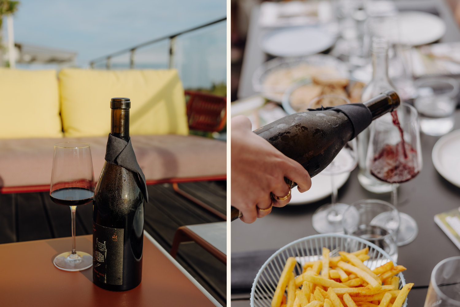 Rotweinflasche auf Terrasse mit Pommes, die eingeschenkt wird