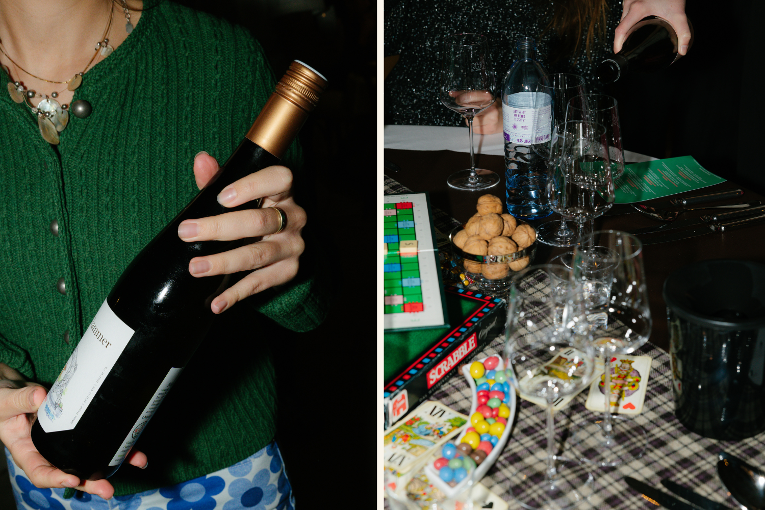 Collage mit Personen und Wein bei einem Spieleabend