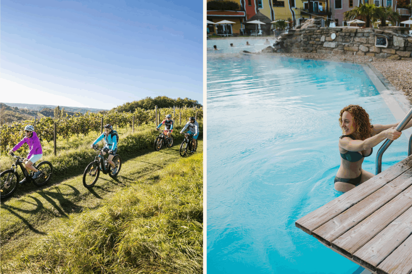 Collage mit Radfahren und Baden links: (c) Thermen- & Vulkanland | Harald Eisenberger, rechts: (c) Thermen- & Vulkanland | valantic austria