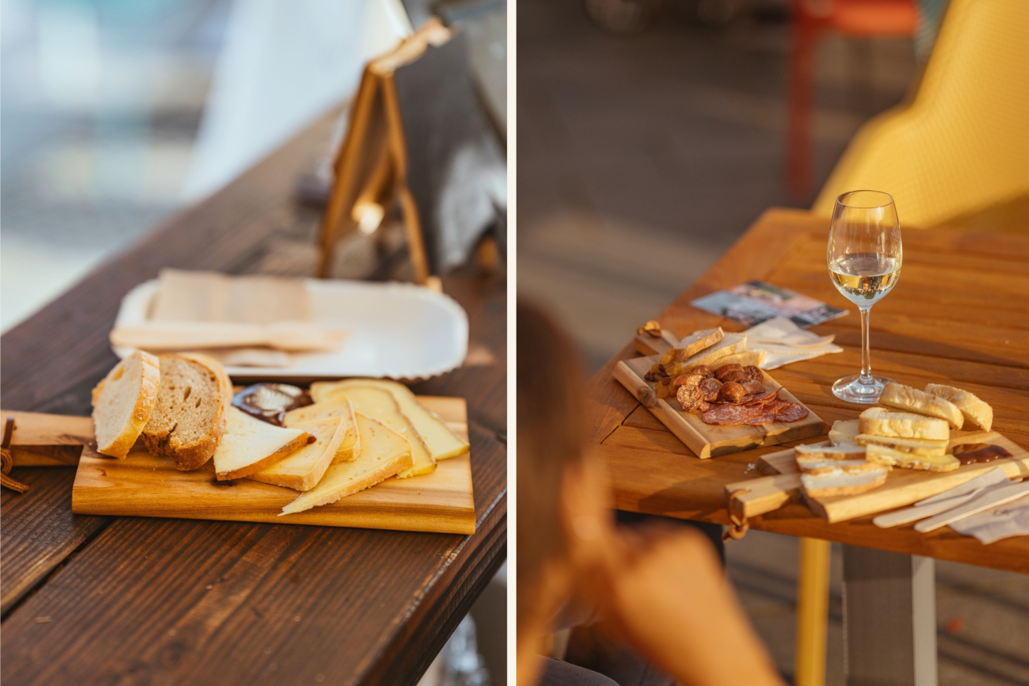 Collage mit zwei Fotos die jeweils einen Tisch zeigen, auf dem Käse- und Brotplatten angerichtet sind. Inklusive Wein. 