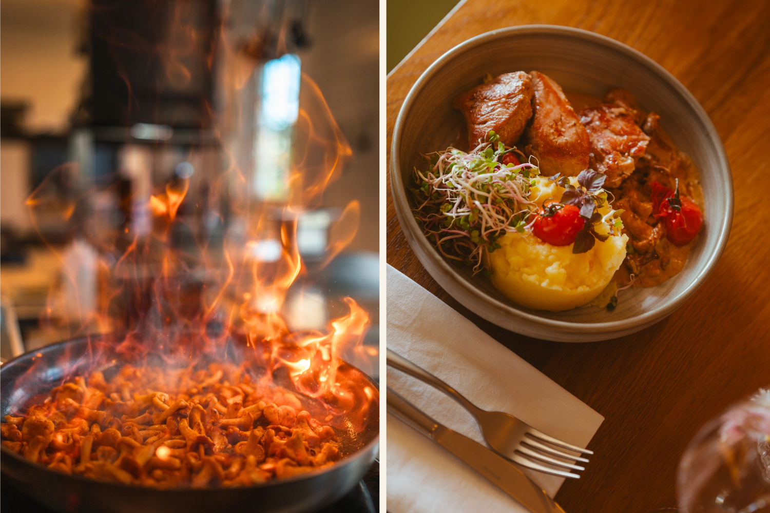 Collage mit zwei Fotos: auf einem werden Pfifferlinge verbrannt, um Aromen freizusetzen. Auf dem anderen Foto ist ein Fleischgericht zu sehen. Ort: Binzer Bucht 