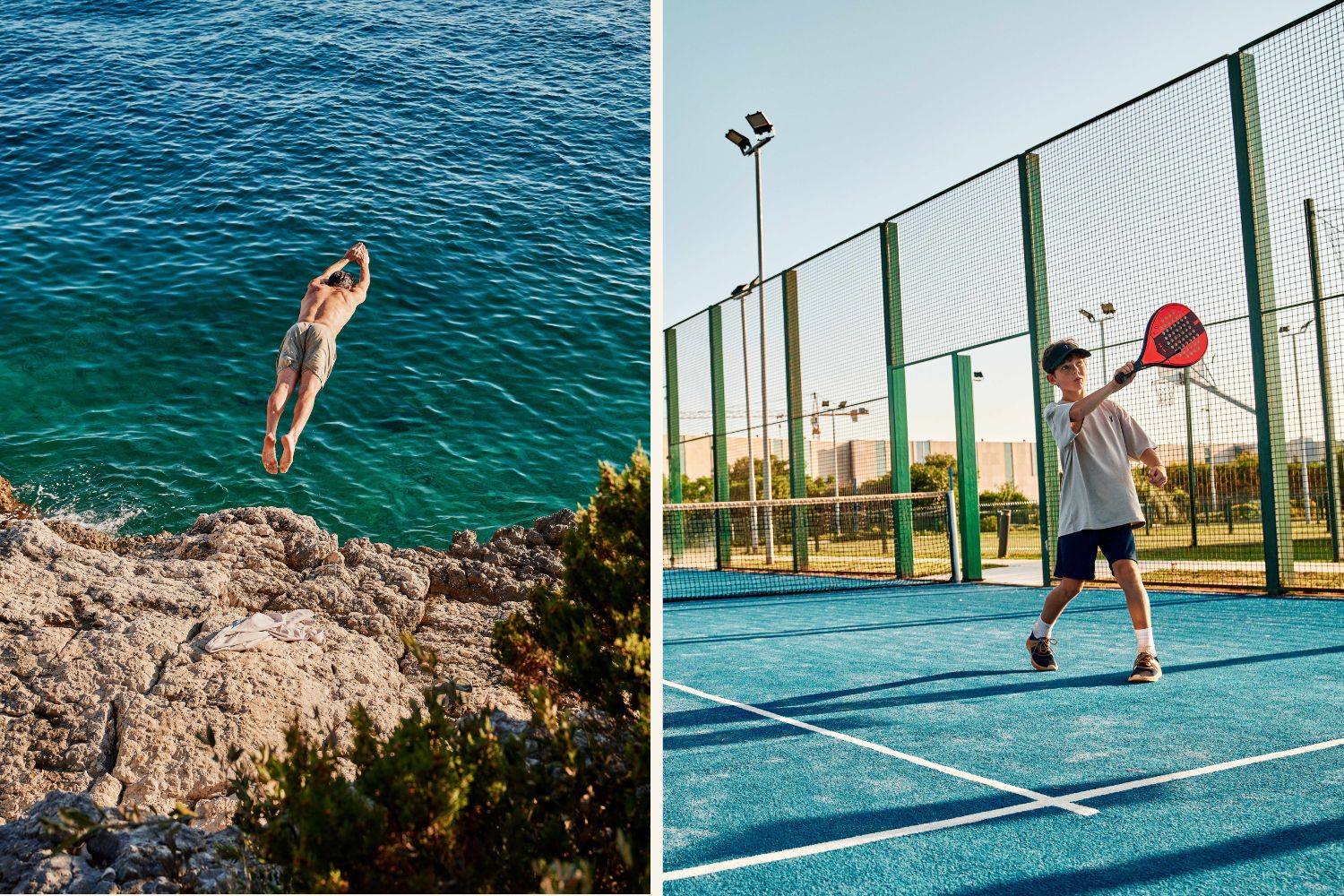 Mann springt von Klippe ins Meer, Kind spielt Padel-Tennis