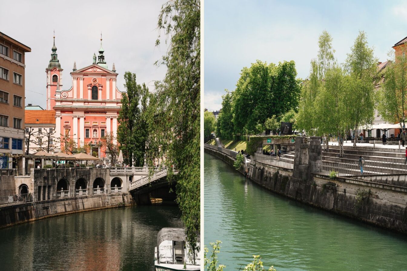 In Ljubljana an einem Frühlingstag am Fluss Ljubljanica entlang flanieren und durch die Gassen schlendern.