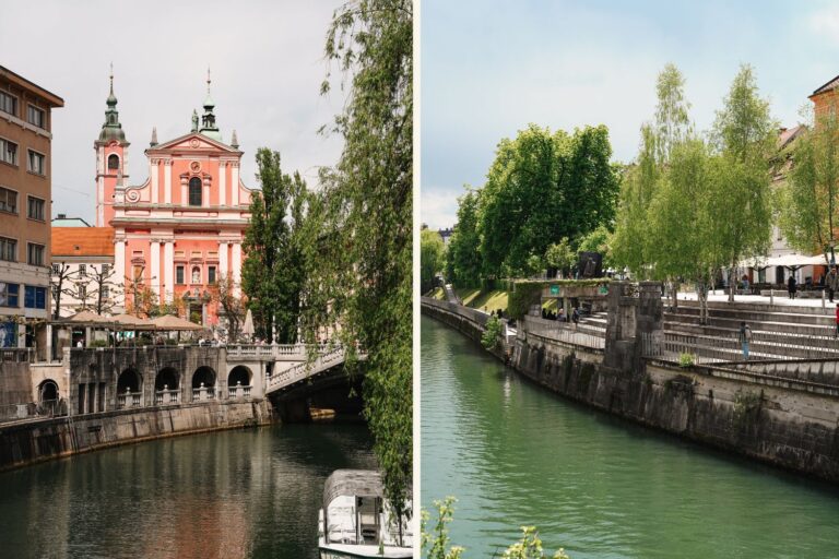 In Ljubljana an einem Frühlingstag am Fluss Ljubljanica entlang flanieren und durch die Gassen schlendern.