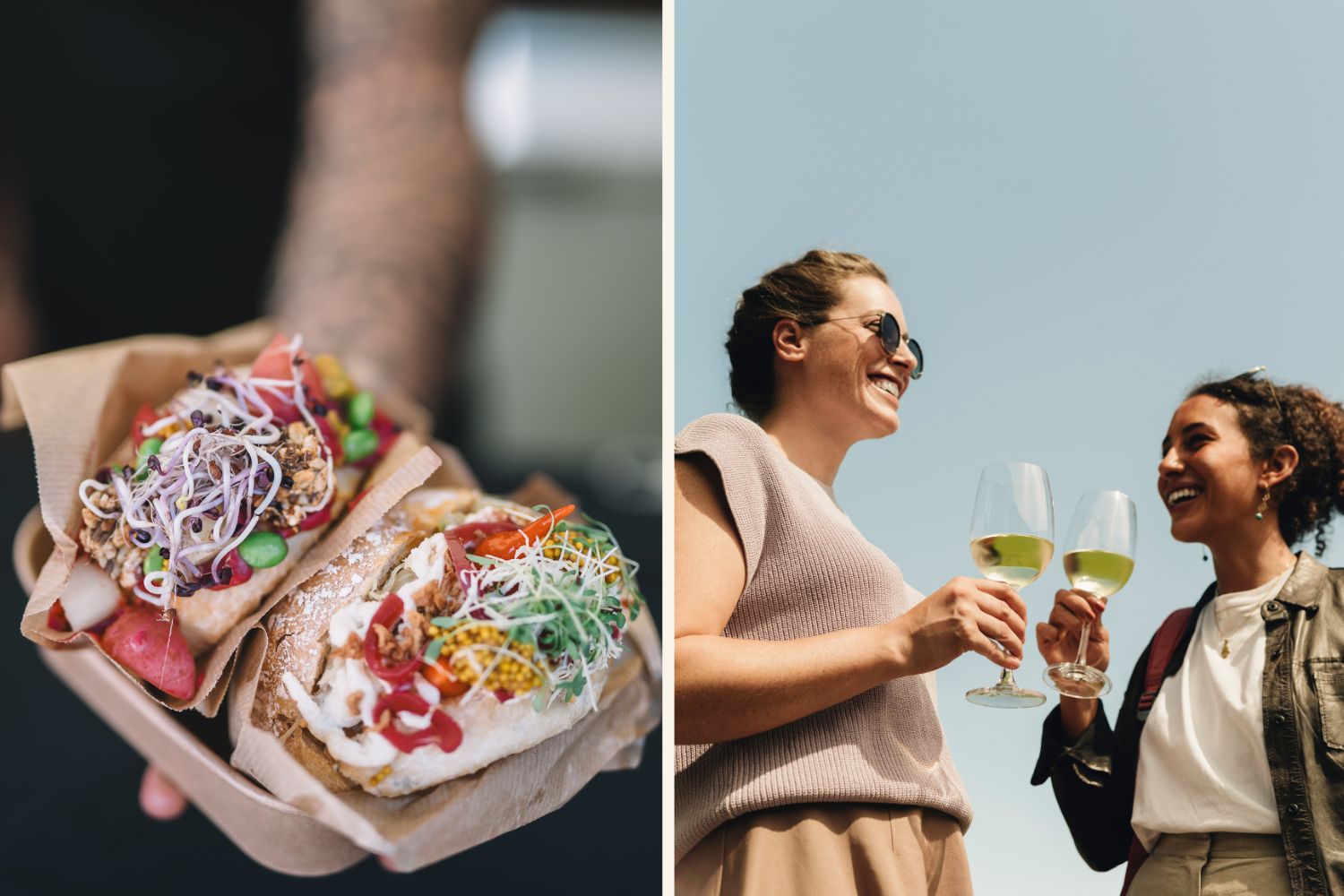 Collage mit einem Foto von gefüllten Broten und einem Foto mit zwei Frauen, die sich mit Weingläsern beim Event Taste the Weinviertel zuprosten.