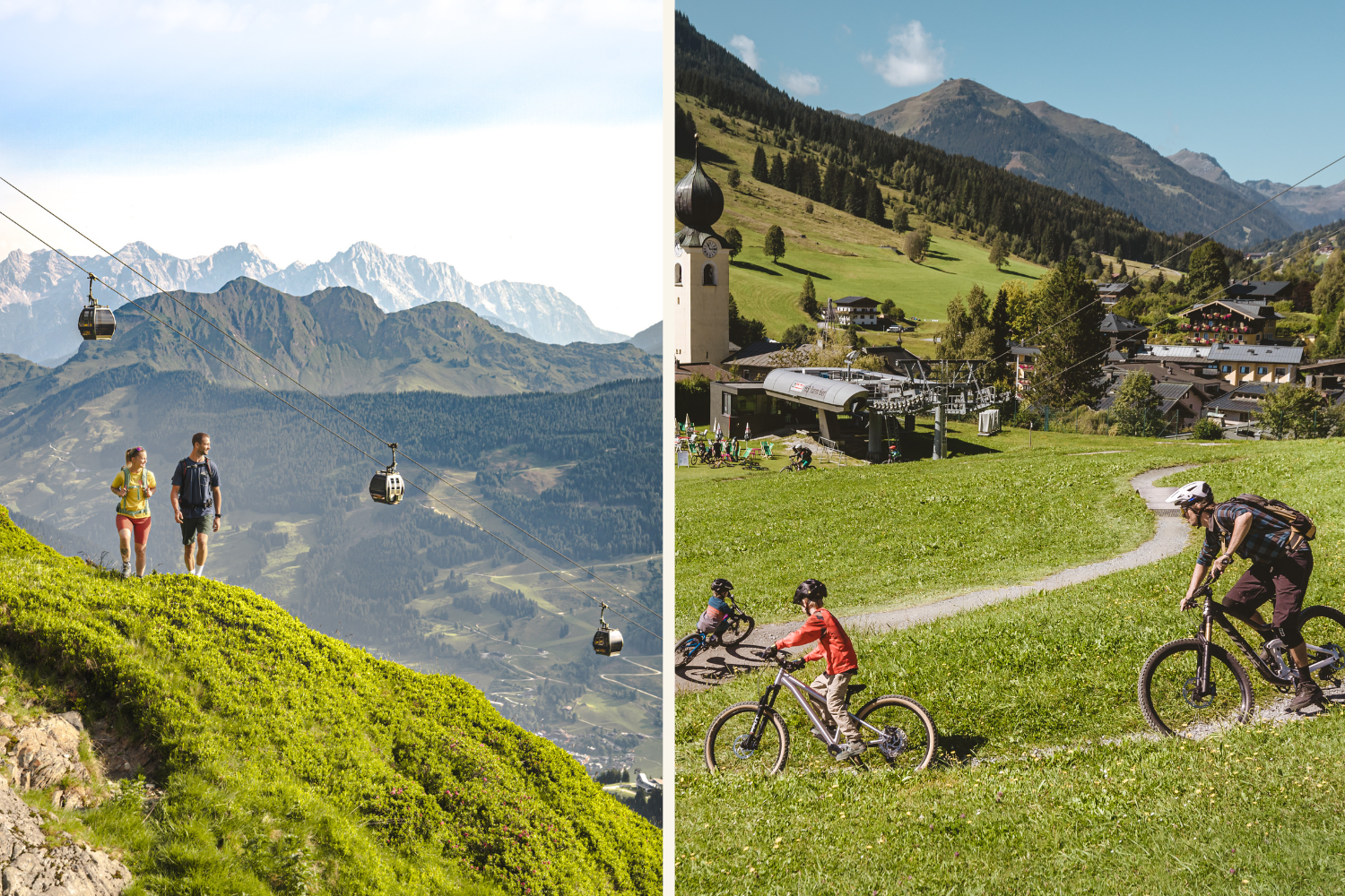 Collage mit Personen die Wandern und Mountainbiken in Saalbach Hinterglemm
