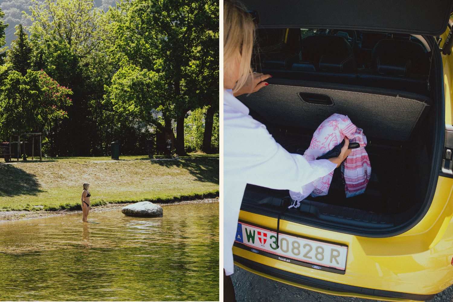 Frau steht in Fluss und räumt auf der rechten Seite Badesachen in die GigaBox des Ford Puma Gen-E