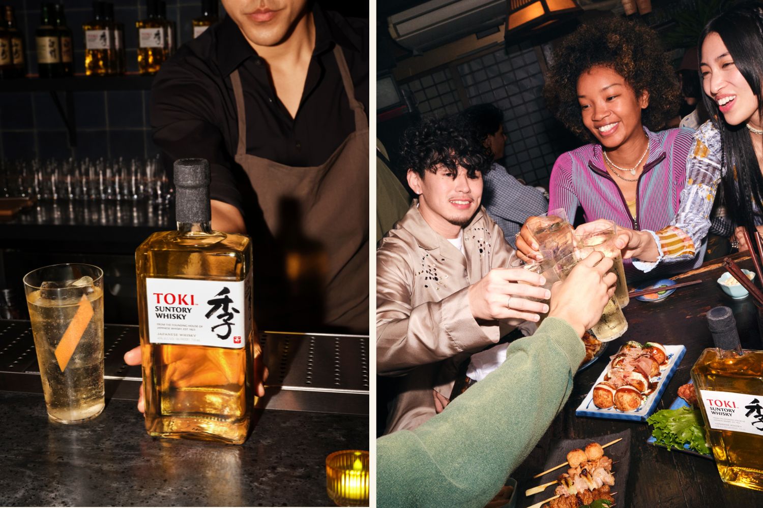 Toki Suntory Whisky und Freund*innen die mit Drinks anstoßen