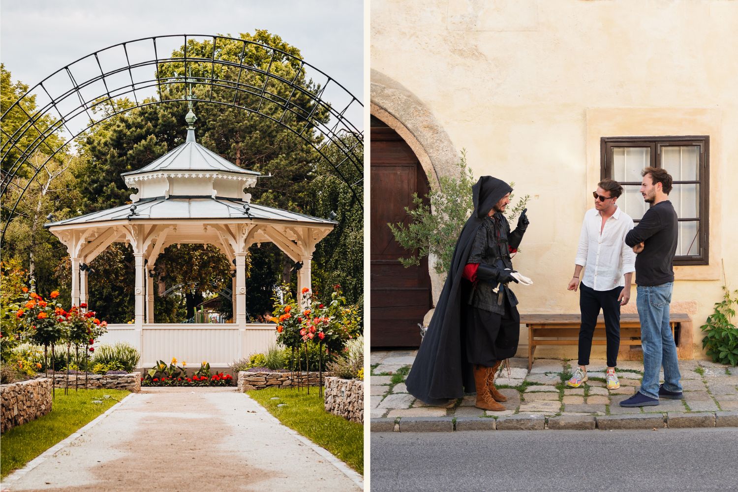 Collage aus einem Gartenpavillon im Stadtpark von Wiener Neustadt und einer Stadtführung mit einem kostümierten Guide.