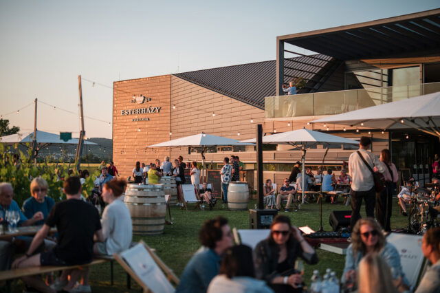 Menschen verbringen den Feierabend im Garten vor dem Weingut Esterházy im Burgenland