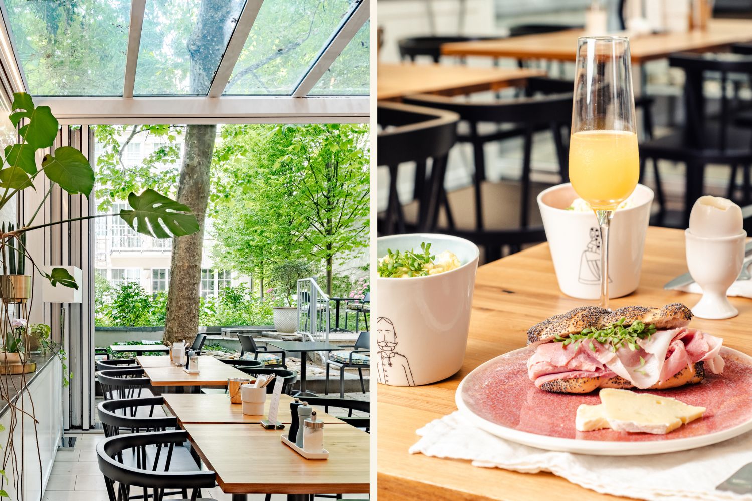 Collage mit zwei Bildern vom Hotel Spiess Spiess, darauf sind der Wintergarten und der Frühstückstisch zu sehen.