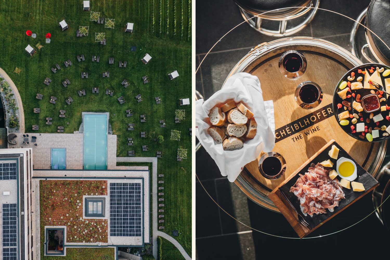Collage vom Scheiblhofer RESORT Hotel im Burgenland mit Pool und Weinverkostung