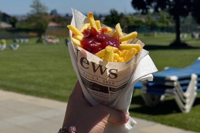 eine Portion Pommes eingewickelt in Zeitungspapier, im Hintergrund eine Liegewiese im Freibad