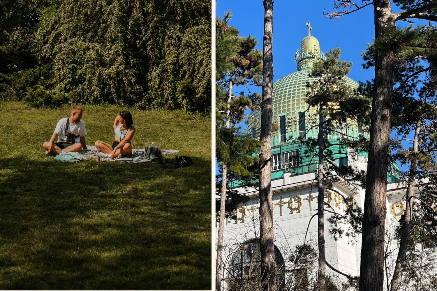 Eine Collage mit zwei Menschen die Picknicken links, die Otto Wagner Kirche rechts