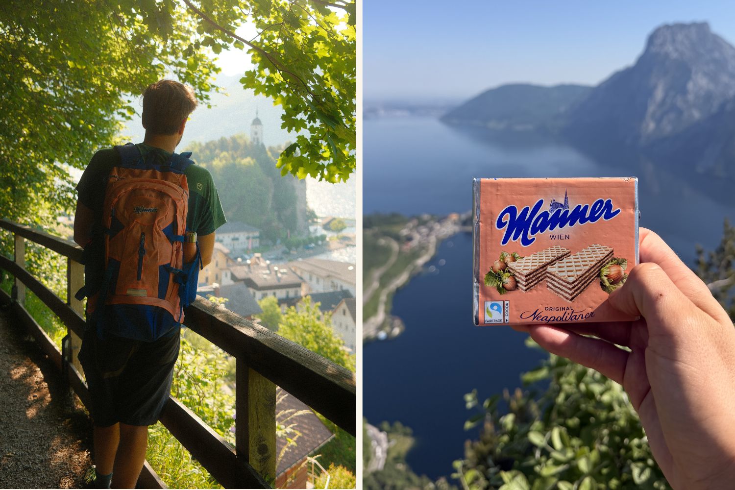 links: Mann mit Manner-Rucksack schaut in die Ferne; rechts: Hand hält Manner verpackung über See-Ausblick