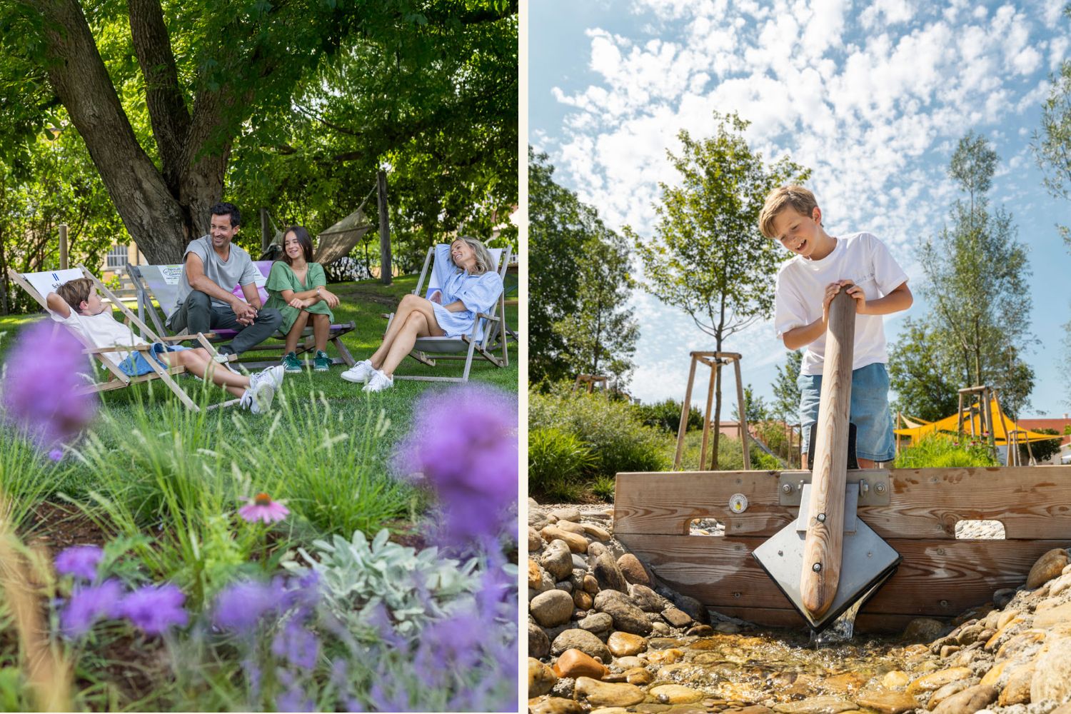 Links: Familie sitzt in Liegestühlen auf der Wiese, rechts: Kind spielt im Wasserspielpark auf Schloss Hof