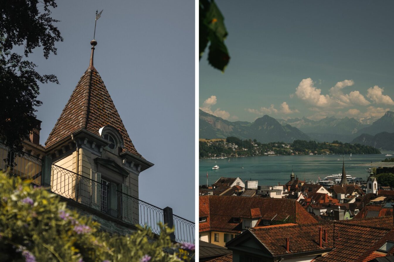 Turm der Museggmauer und Blick auf die Altstadt von Luzern von der Stadtmauer.